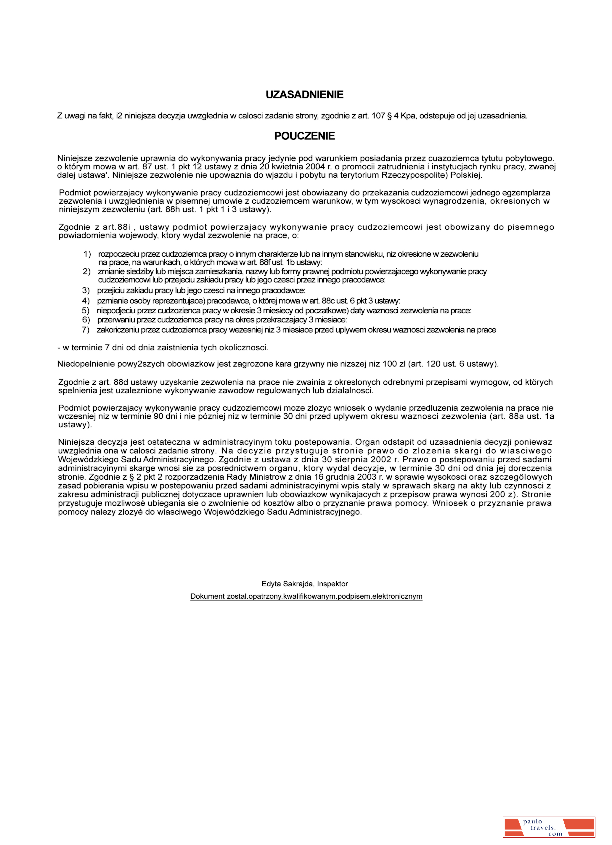 Poland foreigner work certificate page 2